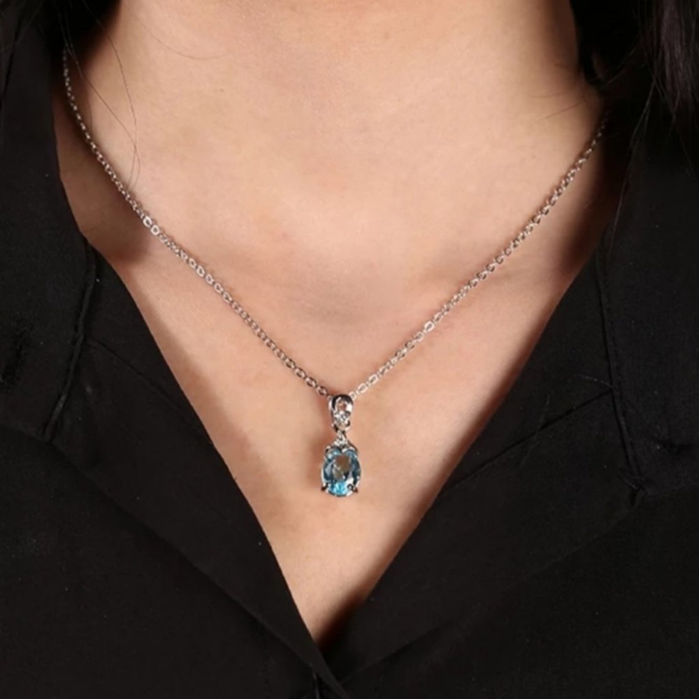NEW Silver Blue Topaz Diamond Water Drop Necklace - Picture 4 of 8